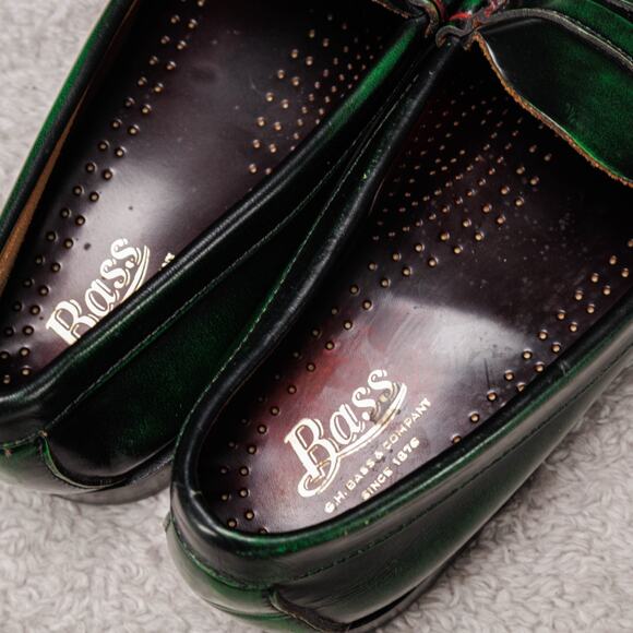 Bass Weejuns Green Black Leather Penny Loafers Contrast Stitching Mens Size 9 - Picture 14 of 16